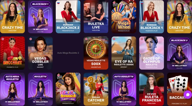 Сітка ігор розділу live-казино на сайті Mellstroy: плитки Crazy Time, Russian Blackjack, Ruletka Live, Mega Wheel, Baccarat, Dream Catcher із підписами провайдерів Evolution, Pragmatic Play та Amusnet