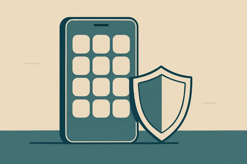 Умовна ілюстрація до розділу про мобільний доступ: смартфон з абстрактною сіткою плиток на екрані і щит поруч як позначка перевірки